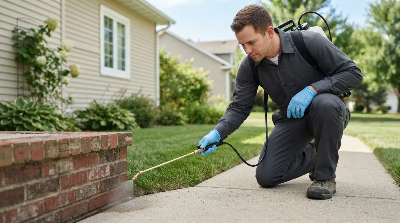 Pest control technician treating a home near Latham, OH