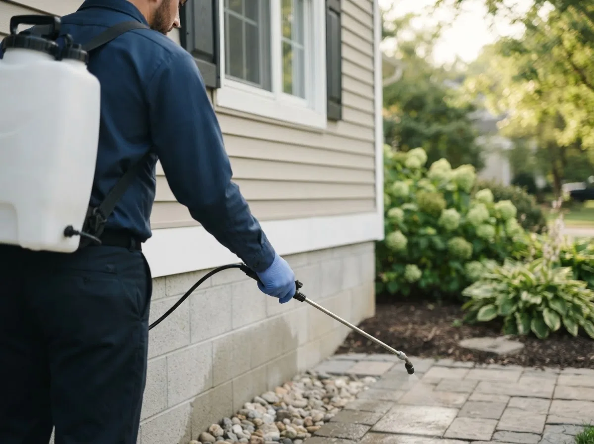 Pest control technician inspecting a home in Latham, OH